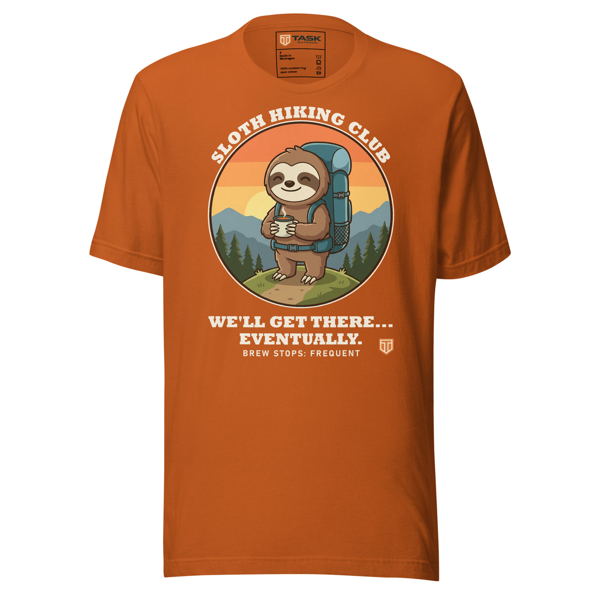 Sloth Hiking Club: Hilltop T-Shirt in Autumn, full front view with the printed neck label