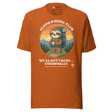 Sloth Hiking Club: Hilltop T-Shirt in Autumn, full front view with the printed neck label