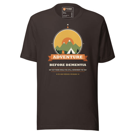 Adventure Before Dementia Camping T-Shirt in Brown, front view with the tent, sunset and mountain print