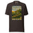 It's Just Over the Brow T-Shirt in Brown, full front view with the printed neck label