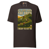 It's Just Over the Brow T-Shirt in Brown, full front view with the printed neck label