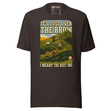 It's Just Over the Brow T-Shirt in Brown, full front view with the printed neck label