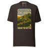 It's Just Over the Brow T-Shirt in Brown, full front view with the printed neck label