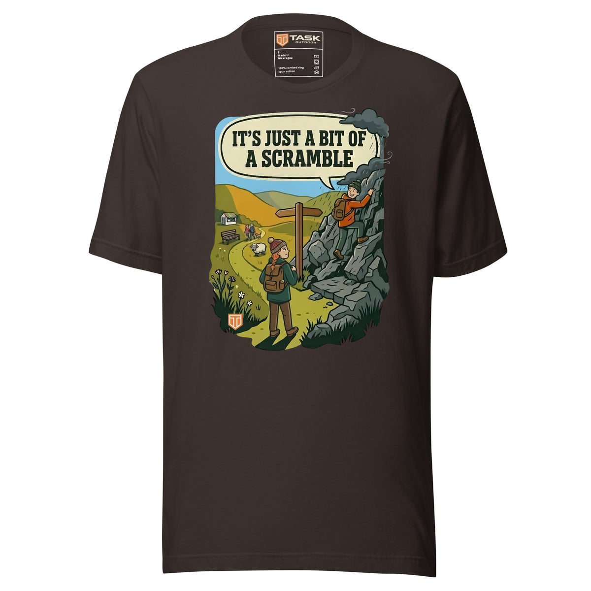 It's Just a Bit of a Scramble T-Shirt in Brown, front view