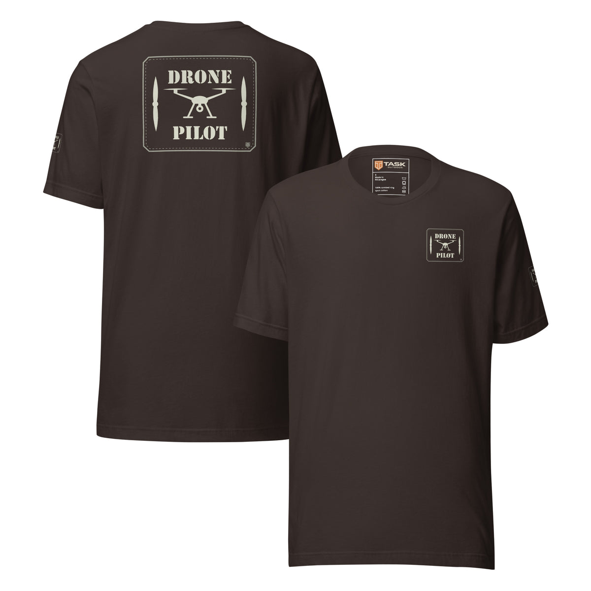Drone Pilot T-shirt in Brown, back and front, with the off-white stencil patch print on the back and left chest