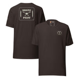 Drone Pilot T-shirt in Brown, back and front, with the off-white stencil patch print on the back and left chest