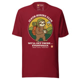 Sloth Hiking Club: Walking T-Shirt in Cardinal, full front view with the printed neck label