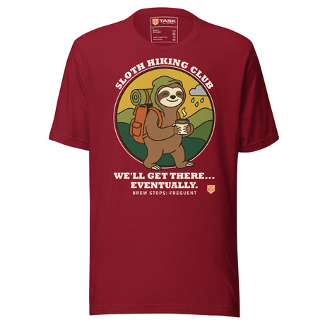 Sloth Hiking Club: Walking T-Shirt in Cardinal, full front view with the printed neck label