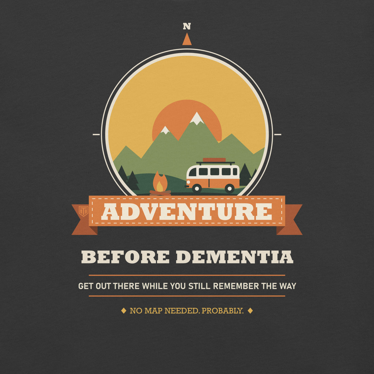 Adventure Before Dementia Campervan T-Shirt in Dark Grey, close-up of the campervan, sunset and mountain print