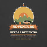 Adventure Before Dementia Campervan T-Shirt in Dark Grey, close-up of the campervan, sunset and mountain print
