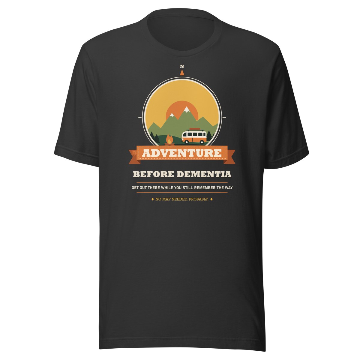 Adventure Before Dementia Campervan T-Shirt in Dark Grey, full front view of the shirt