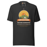 Adventure Before Dementia Camping T-Shirt in Dark Grey, front view with the tent and campfire compass print