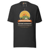 Adventure Before Dementia Camping T-Shirt in Dark Grey, front view with the tent and campfire compass print