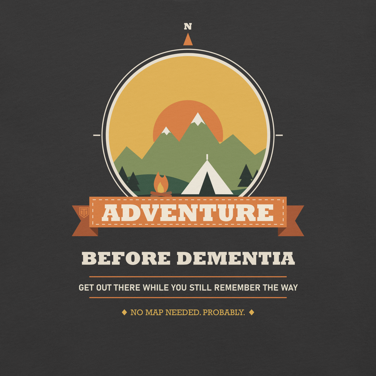 Adventure Before Dementia Camping T-Shirt in Dark Grey, close-up of the tent, sunset and mountain print