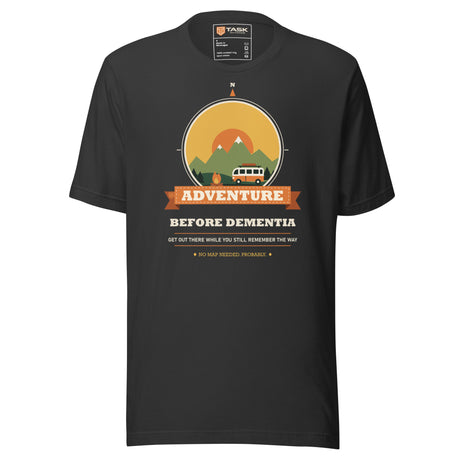 Adventure Before Dementia Campervan T-Shirt in Dark Grey, full front view of the shirt