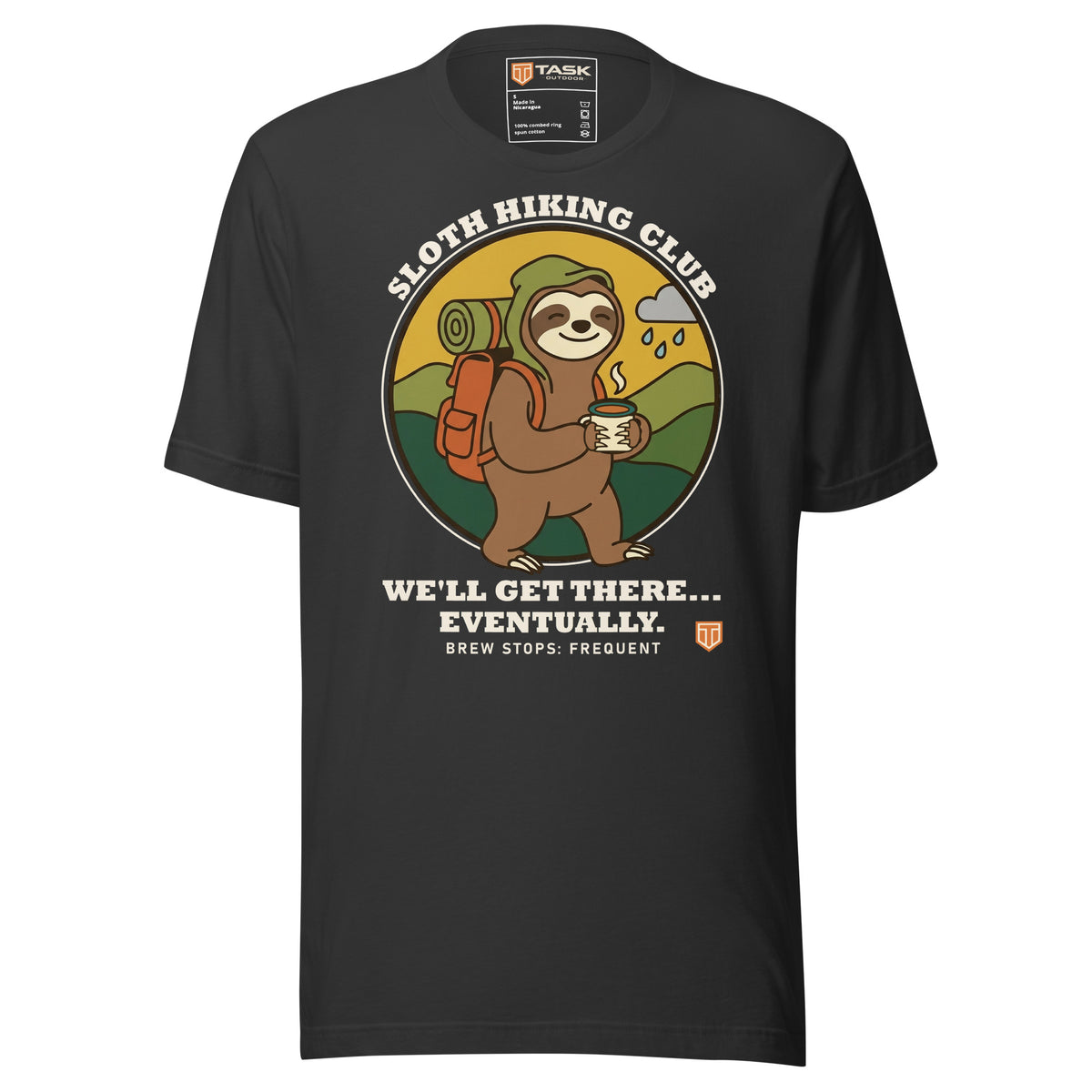Sloth Hiking Club: Walking T-Shirt in Dark Grey, full front view with the printed neck label