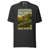 It's Just Over the Brow T-Shirt in Dark Grey, full front view with the printed neck label