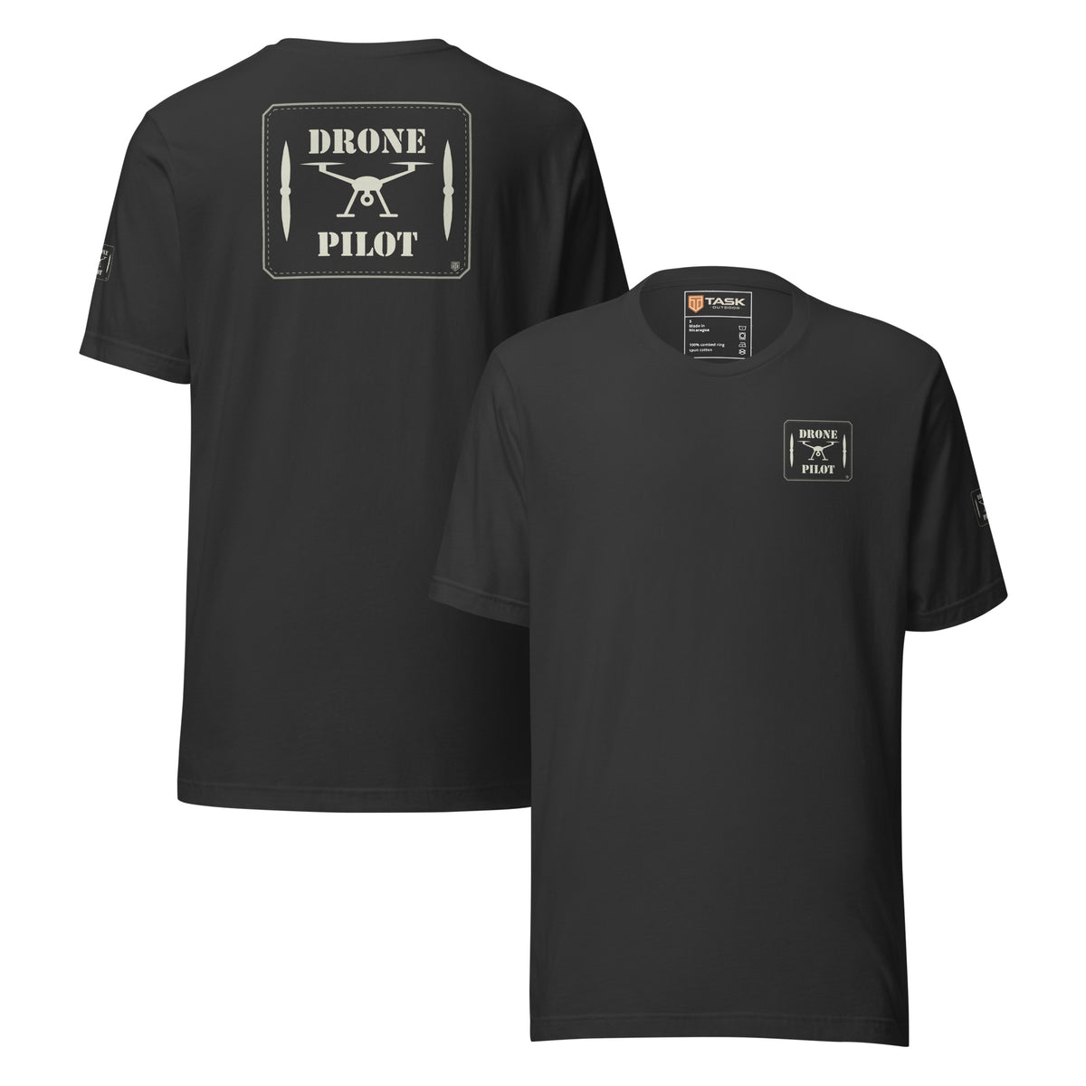 Drone Pilot T-shirt in Dark Grey, back and front, with the off-white stencil patch print on the back and left chest