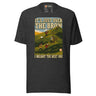 It's Just Over the Brow T-Shirt in Dark Grey Heather, full front view with the printed neck label