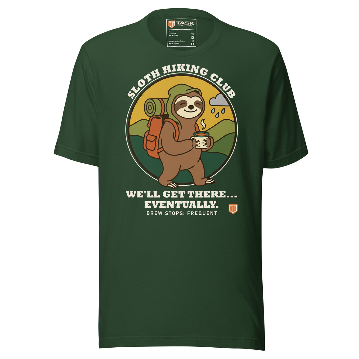 Sloth Hiking Club: Walking T-Shirt in Forest, full front view with the printed neck label