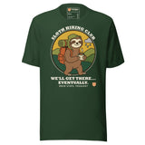 Sloth Hiking Club: Walking T-Shirt in Forest, full front view with the printed neck label