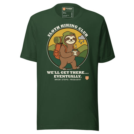 Sloth Hiking Club: Walking T-Shirt in Forest, full front view with the printed neck label