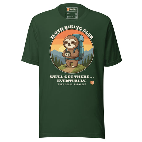Sloth Hiking Club: Hilltop T-Shirt in Forest, full front view with the printed neck label