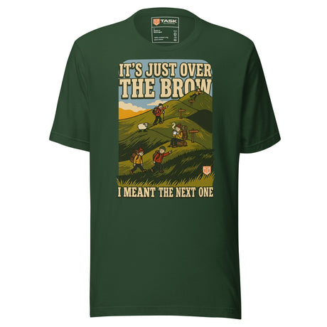 It's Just Over the Brow T-Shirt in Forest, full front view with the printed neck label