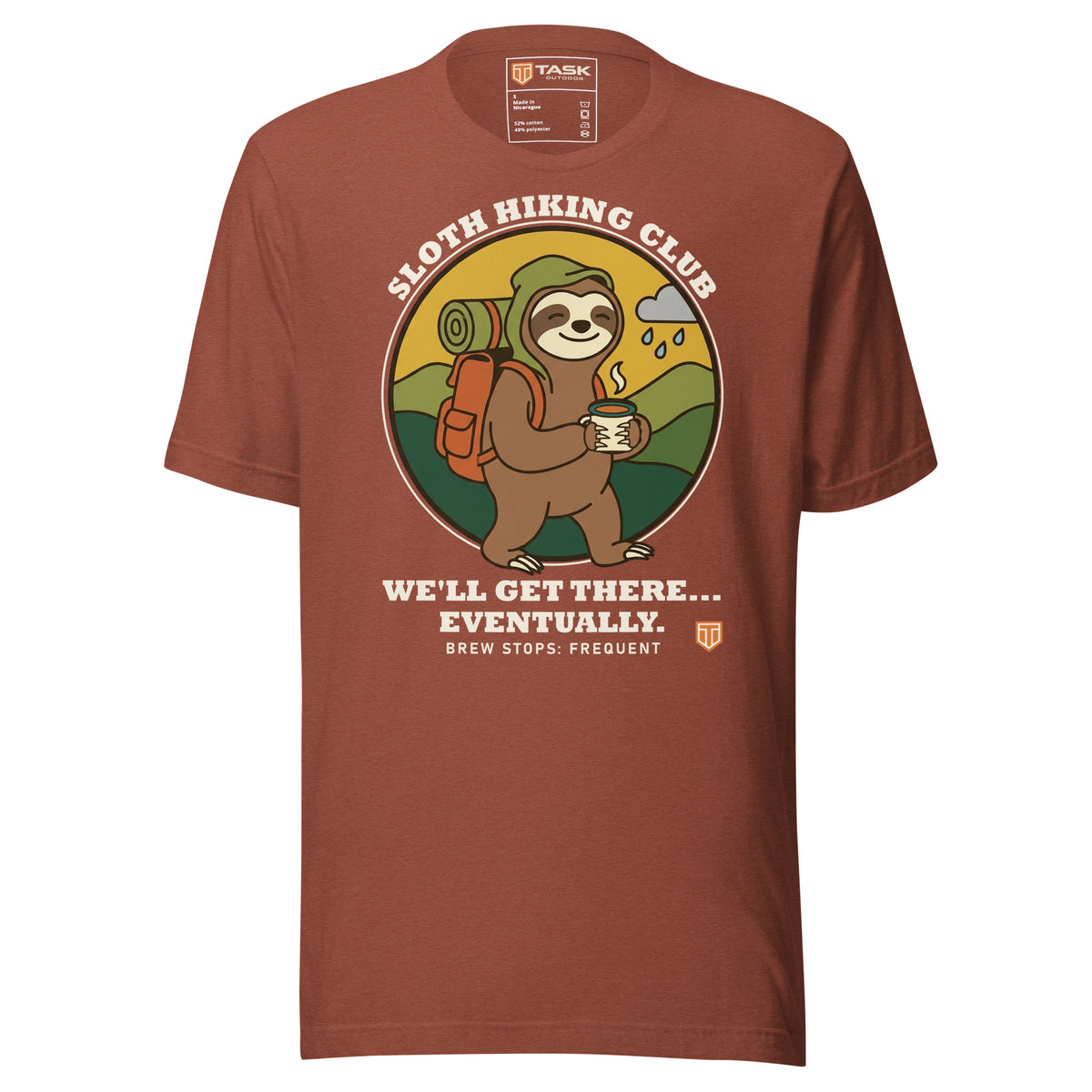 Sloth Hiking Club: Walking T-Shirt in Heather Clay, full front view with the printed neck label