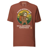 Sloth Hiking Club: Walking T-Shirt in Heather Clay, full front view with the printed neck label