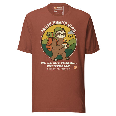 Sloth Hiking Club: Walking T-Shirt in Heather Clay, full front view with the printed neck label