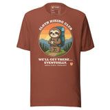Sloth Hiking Club: Hilltop T-Shirt in Heather Clay, full front view with the printed neck label