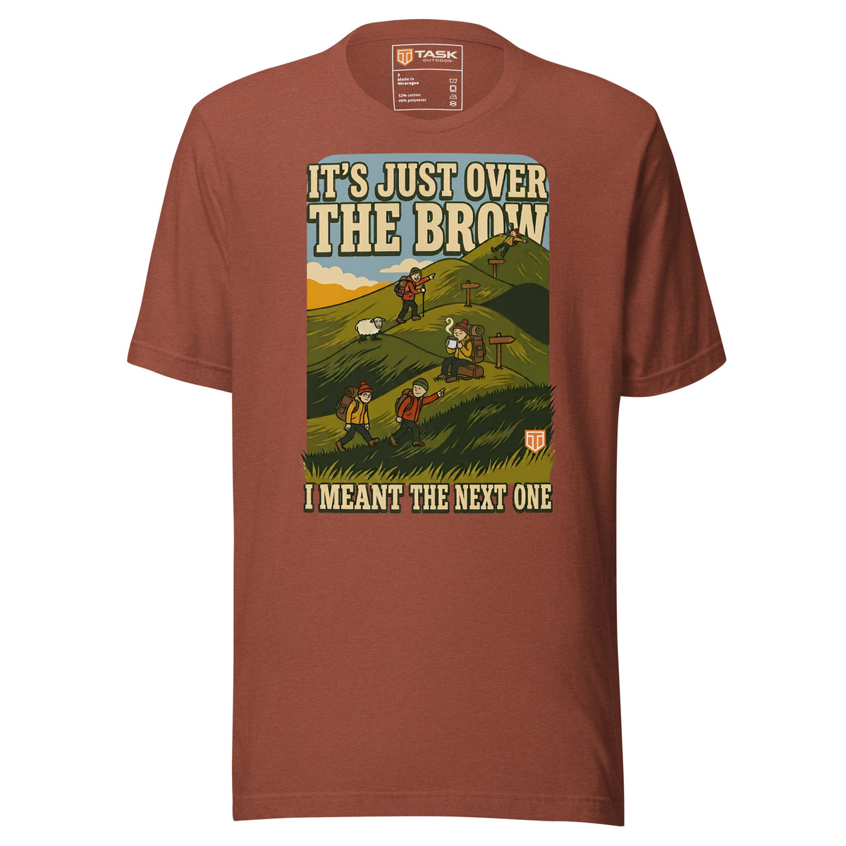 It's Just Over the Brow T-Shirt in Heather Clay, full front view with the printed neck label