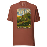 It's Just Over the Brow T-Shirt in Heather Clay, full front view with the printed neck label