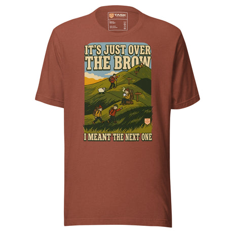It's Just Over the Brow T-Shirt in Heather Clay, full front view with the printed neck label