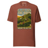 It's Just Over the Brow T-Shirt in Heather Clay, full front view with the printed neck label