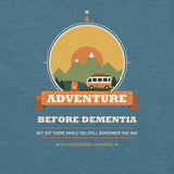 Adventure Before Dementia Campervan T-Shirt in Heather Deep Teal, close-up of the front print on the marled fabric