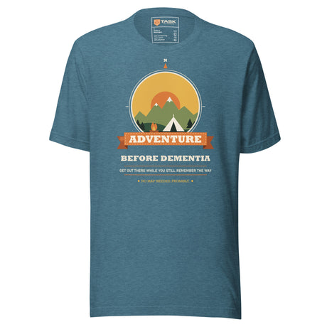 Adventure Before Dementia Camping T-Shirt in Heather Deep Teal, front view with the tent print on marled fabric