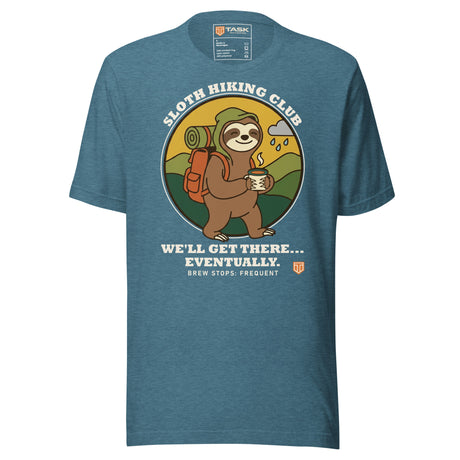Sloth Hiking Club: Walking T-Shirt in Heather Deep Teal, full front view with the printed neck label