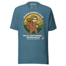 Sloth Hiking Club: Walking T-Shirt in Heather Deep Teal, full front view with the printed neck label