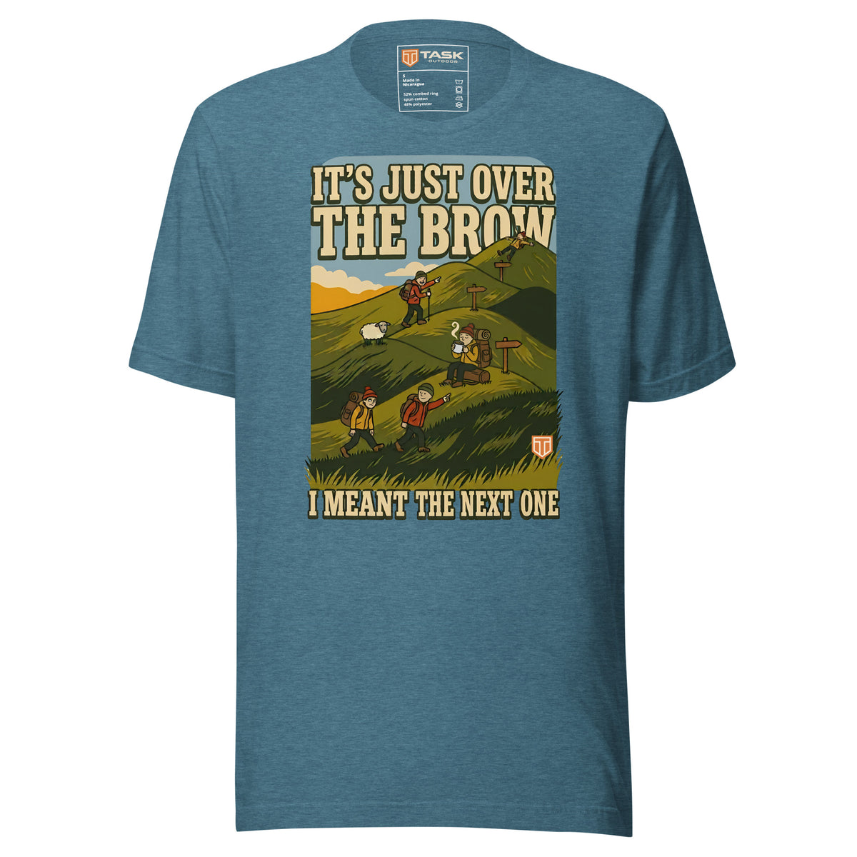 It's Just Over the Brow T-Shirt in Heather Deep Teal, full front view with the printed neck label