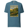It's Just Over the Brow T-Shirt in Heather Deep Teal, full front view with the printed neck label
