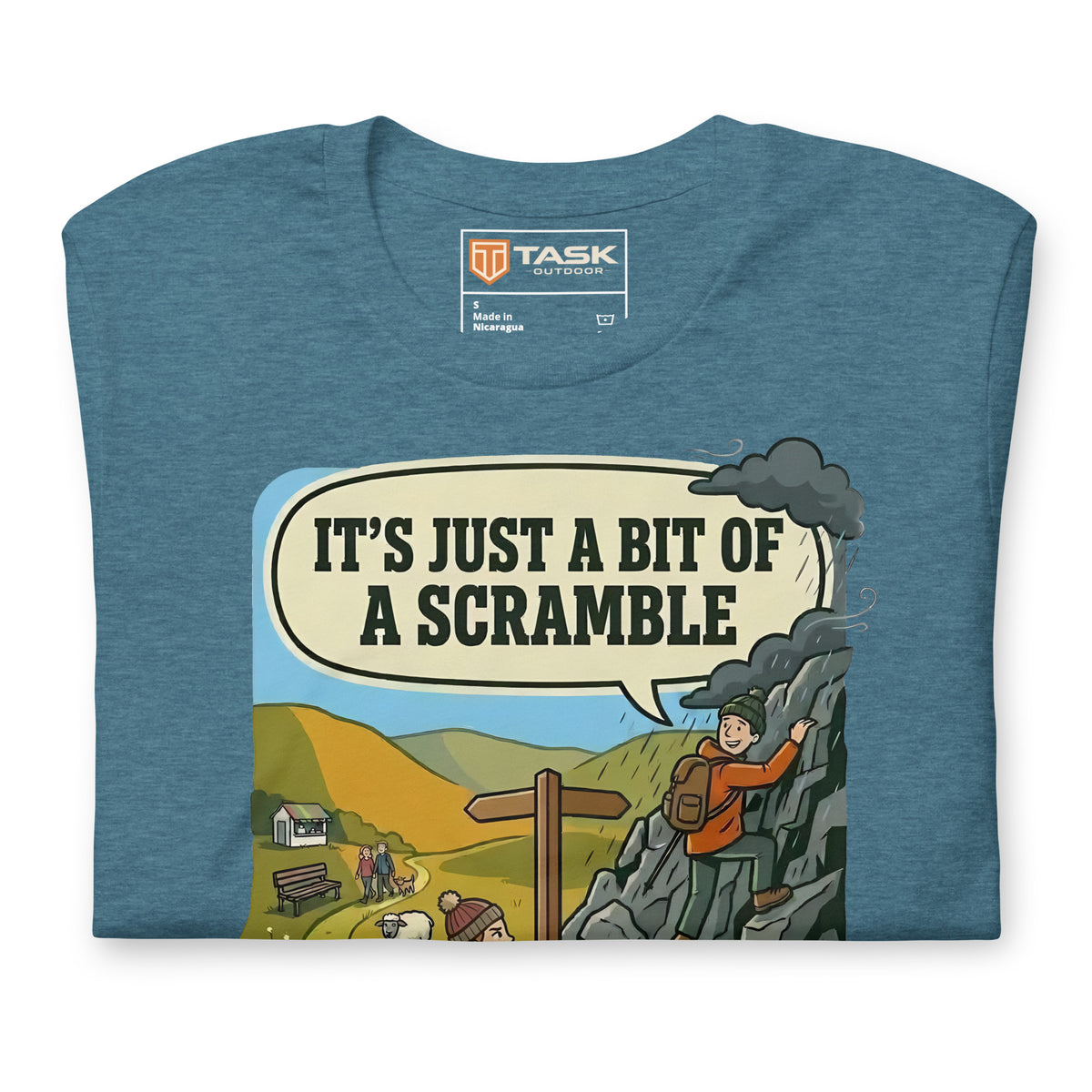 It's Just a Bit of a Scramble T-Shirt in Heather Deep Teal, folded to show the print and the printed neck label