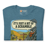 It's Just a Bit of a Scramble T-Shirt in Heather Deep Teal, folded to show the print and the printed neck label