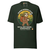 Sloth Hiking Club: Walking T-Shirt in Heather Emerald, full front view with the printed neck label