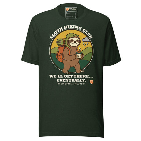 Sloth Hiking Club: Walking T-Shirt in Heather Emerald, full front view with the printed neck label