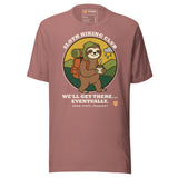 Sloth Hiking Club: Walking T-Shirt in Heather Mauve, full front view with the printed neck label
