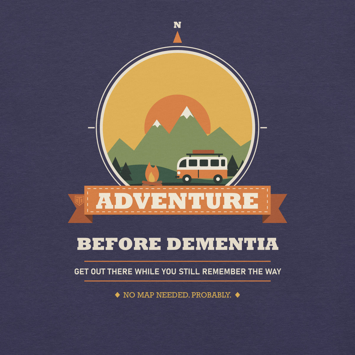 Adventure Before Dementia Campervan T-Shirt in Heather Midnight Navy, close-up of the front print on the marled fabric
