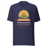 Adventure Before Dementia Campervan T-Shirt in Heather Midnight Navy, full front view of the shirt