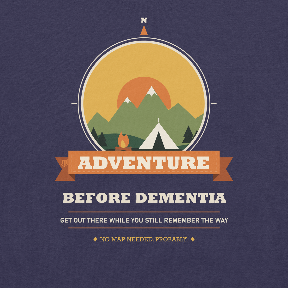 Adventure Before Dementia Camping T-Shirt in Heather Midnight Navy, close-up of the front print on the marled fabric